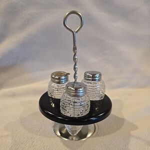 VINTAGE‎ GLASS SALT & PEPPER SHAKERS, SUGAR SET WITH STAND